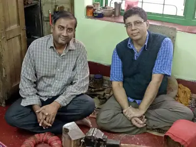 With Barun Ray, sitar maker, Hiren Roy & Sons